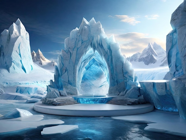 Podium glacier chilly ice backdrop stage arctic concept cave frosty stand 3D water nature pedestal