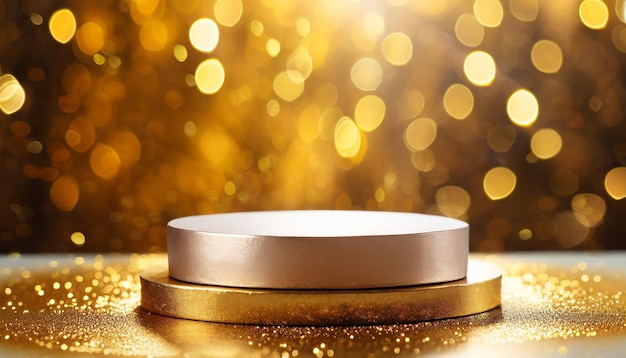 podium on a golden background with blurred bokeh place for text or advertising minimalistic beauty c...