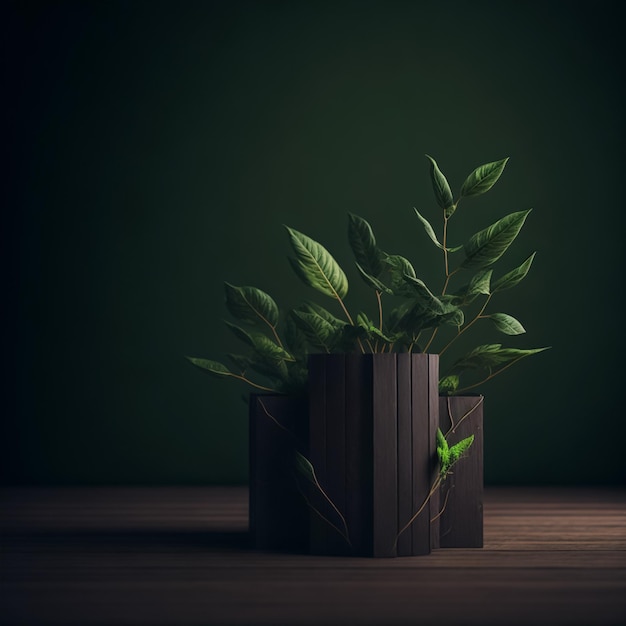 Подиум и зеленое растение на дошке 3D-рендер