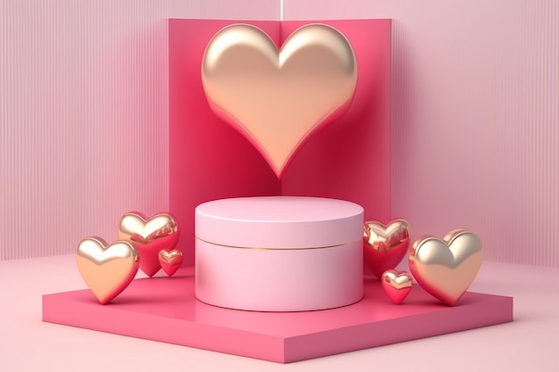 Podium heart and gift for mother's day and valentine's day 3d on pink background