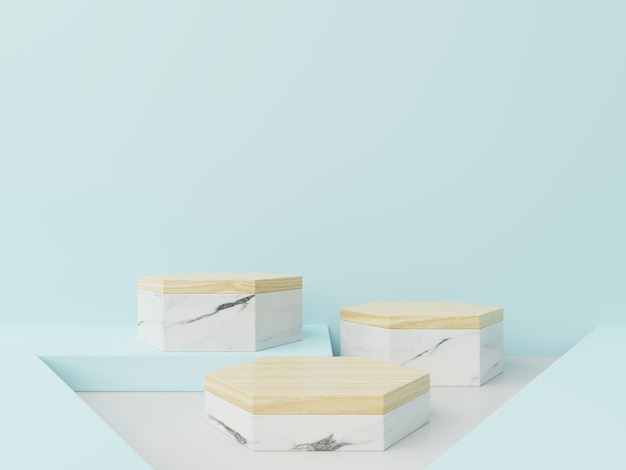 Podium hexagon in abstract blue,white,marble composition, 3d render