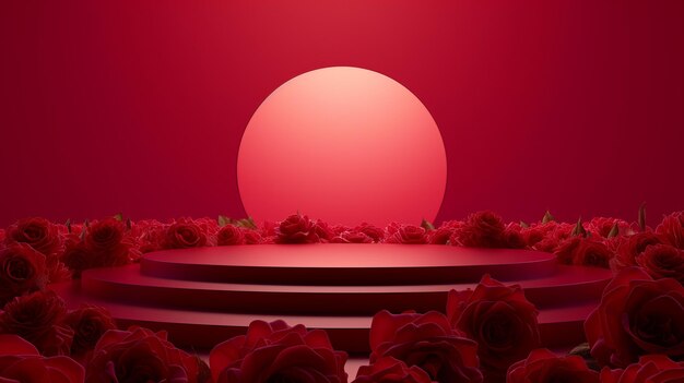 Foto podium in het midden van rozen leeg frame op rode achtergrond