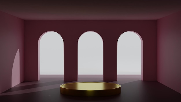 Podium in lege ruimte met pijnraam in de muur met zonlicht schaduw 3D-rendering