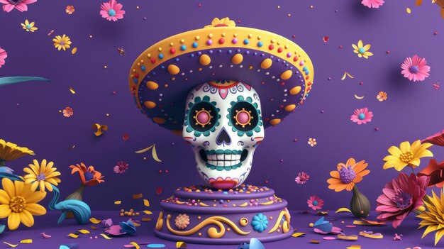 Photo the podium is decorated with a sugar skull wearing a sombrero and day of the dead elements against a purple background