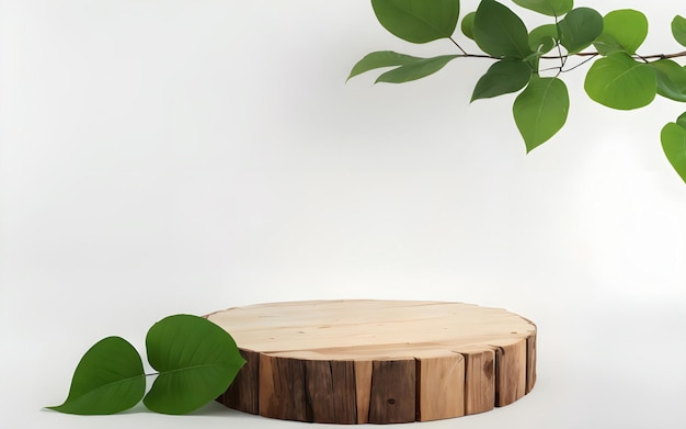 Подиум, сделанный из дерева с зеленым листом для демонстрации продукта.