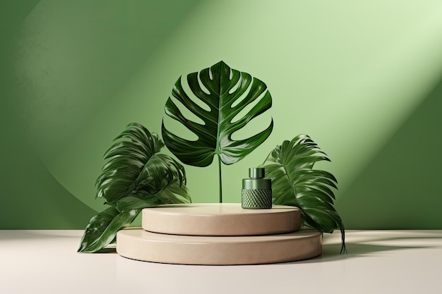 A podium made of green cylinder design adorned with a monstera leaf intended for presenting cosmetics and other products with a clean and simple background