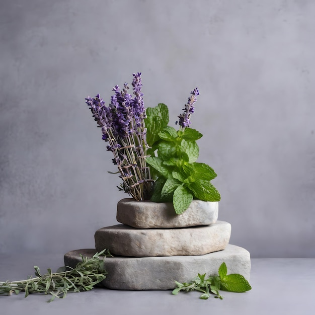 Foto podio in lavanda bianca di pietra e foglie di menta per l'esposizione della presentazione dei prodotti