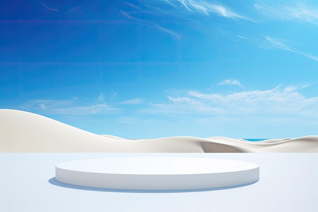 Podium made of white sand is placed on top of a sand dune contrasting against a hazy blue ocean