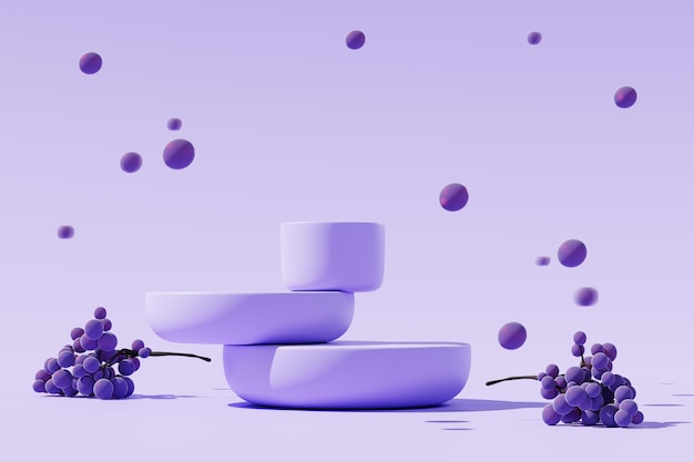 Виноград на подиуме в фоновом режиме на фиолетовом 3d-рендеринге