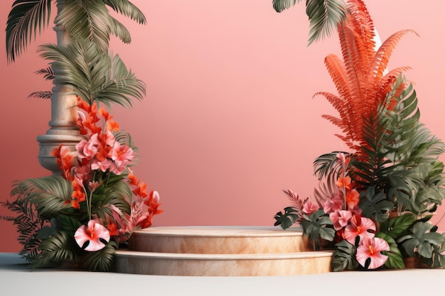 podium met bladeren en bloemen zomer achtergrond productstand podia voor producten product hert