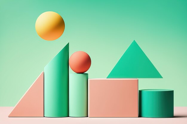 podium met gekleurde geometrische achtergrond en lege abstracte vormen voor reclamepresentatie