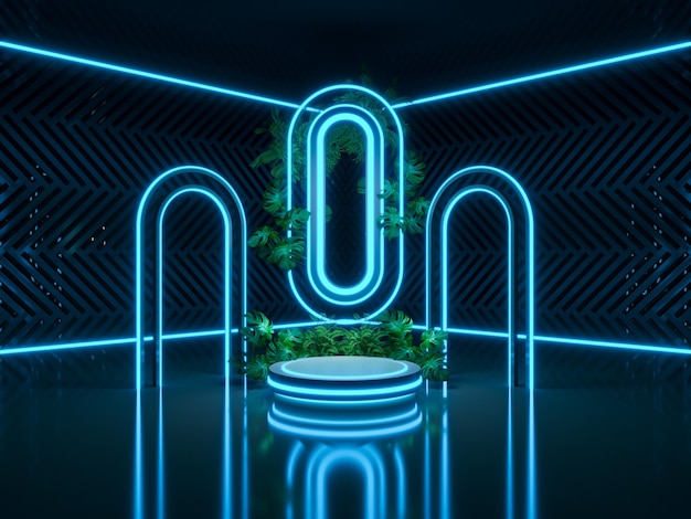 Podium met naturel voor productweergave Neonblauw licht abstracte futuristische achtergrond 3d render