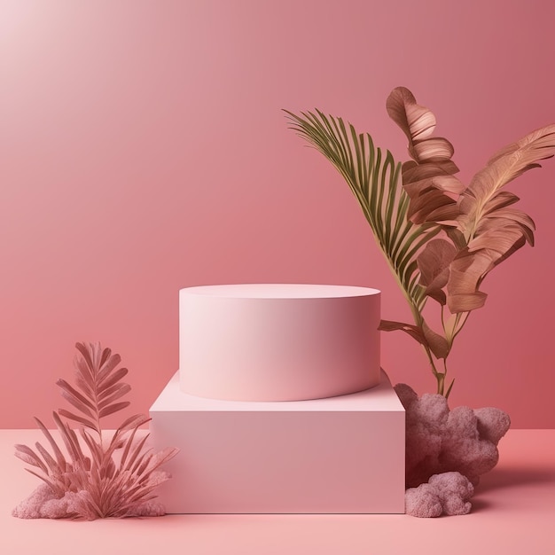 podium met natuurlijk product en palmboom op roze achtergrond 3 d podium met productstandaard 3 d ren