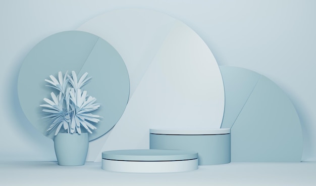 Podium met tropische palmen en abstracte achtergrond Pastelblauwe en groene kleurenscène 3d render