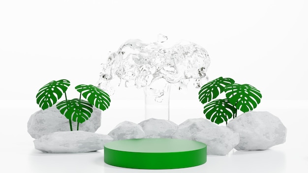 Podium met zuiver water splash fontein waterval en boom voor cosmetica of schoonheidsproducten show 3D-weergave