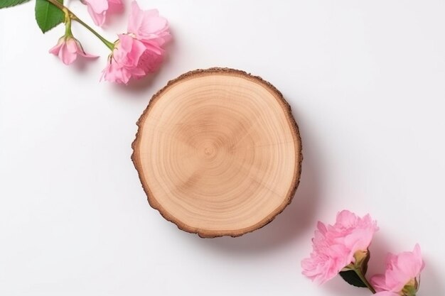 Podium minimal empty wooden with pink flower on white backgroundgenerative ai