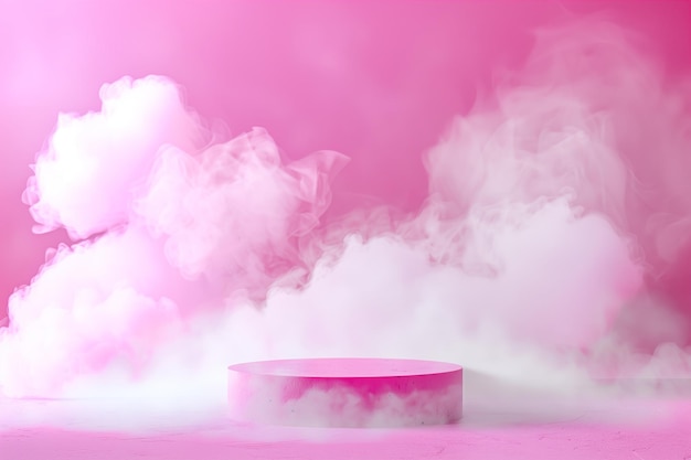 Foto podio e esposizione minima di prodotti rosa con sfondo di ondate di aroma di fumo