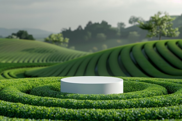 Foto podio e esposizione minima di prodotti bianchi con campo di tè verde e sfondo naturale