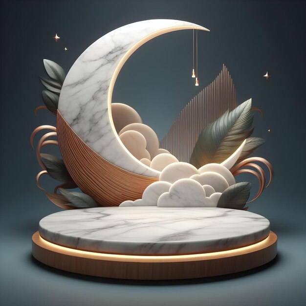 Podium mockup for advertising in round shape from marble and wood AI generated