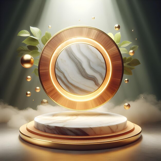 Photo podium mockup for advertising in round shape from marble and wood ai generated
