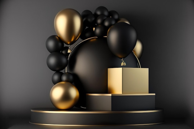 Podium Mockup Birthday black gifts minimal gold balloons in black Blackground Generative AI