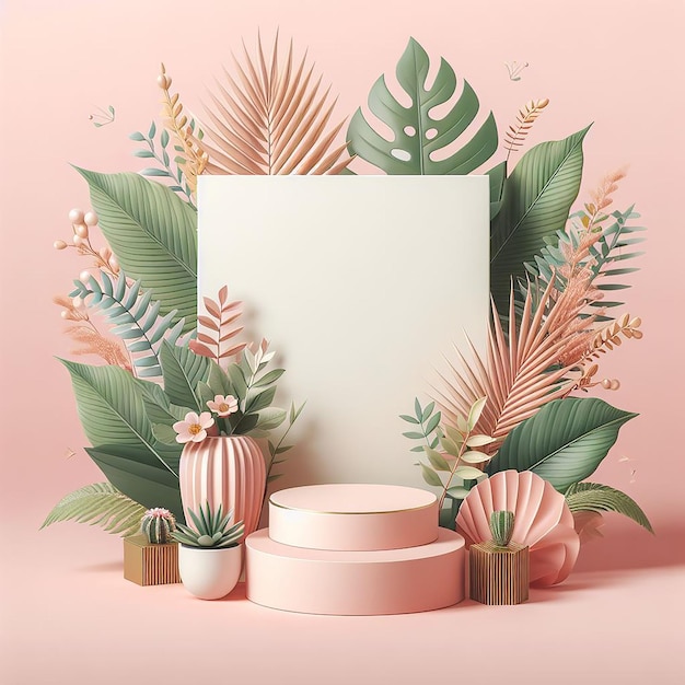 Podium mockup display product presentation decorated with cute tropical leaves