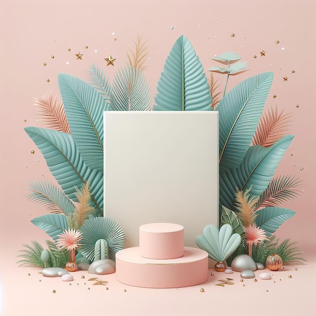 Podium mockup display product presentation decorated with cute tropical leaves