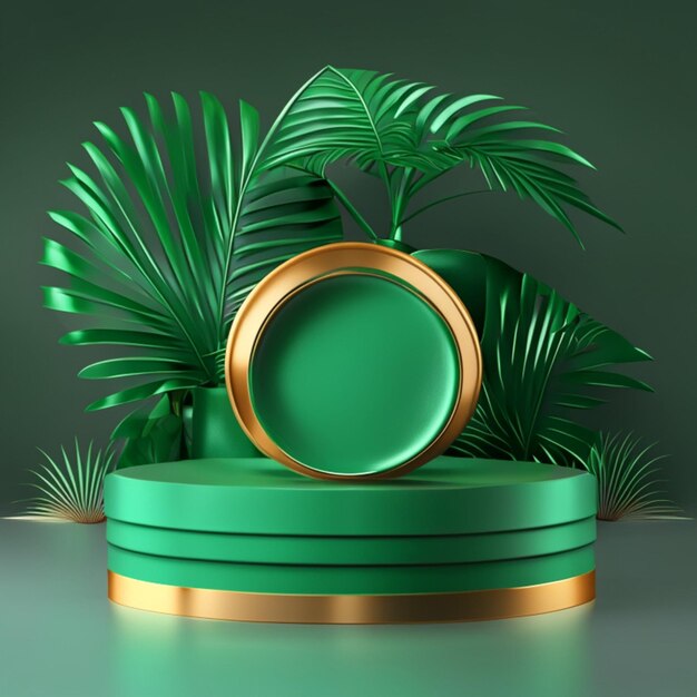 podium mockup for product presentation decorated with palm leaves 3d rendering