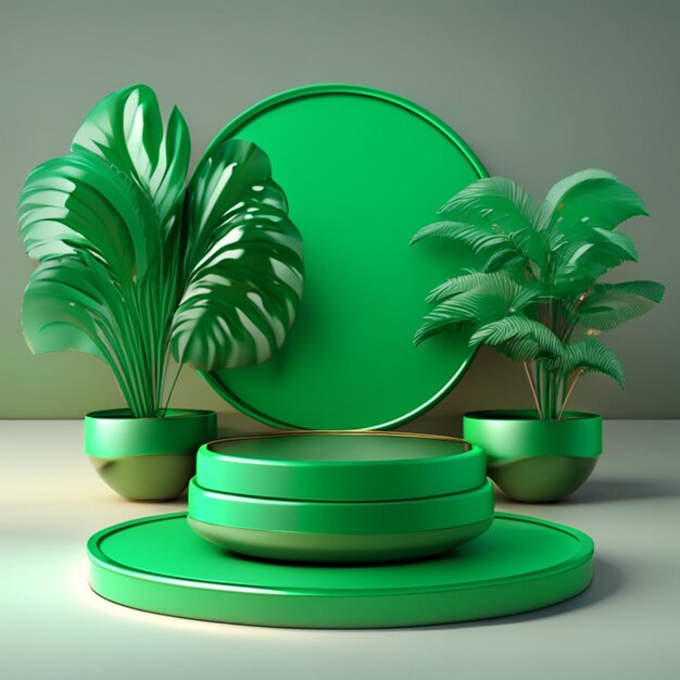 Модель подиума для презентации продукта, украшенная пальмовыми листьями 3d рендеринг