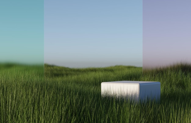 Podium on natural grass or weed field 3D render illustration