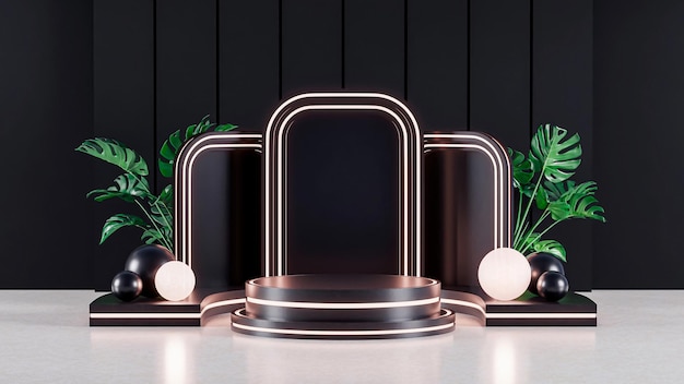 Podium Neon Glow Display Black Product Presentation Nature 3d Render Realistic