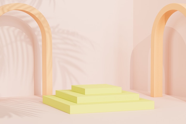 Podium of voetstuk met boog voor producten op pastelbeige achtergrond met tropische bladschaduw, 3d illustratie render