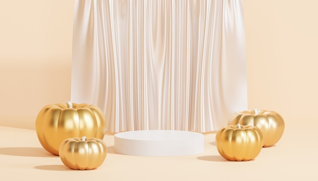 Podium of voetstuk met gouden pompoenen voor weergave van producten of reclame voor herfstvakantie, 3d render