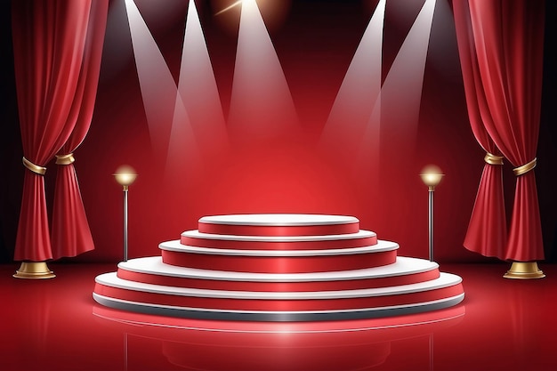 Podium op het podium met verlichting Scene op het Podium met voor de prijsuitreiking op rode achtergrond Vector illustratie