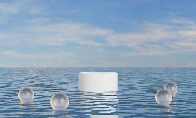 Podium op water en kleur of hemelachtergrond reclameweergave 3D-rendering