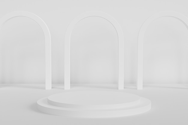 Фото Подиум или пьедестал для продуктов на белом фоне с аркой, минимальная 3d визуализация