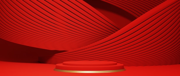Podium, pedestal or platform, background for the presentation of cosmetic products. Place for ads. 3D rendering red stage geometry with gold. Product presentation blank podium.