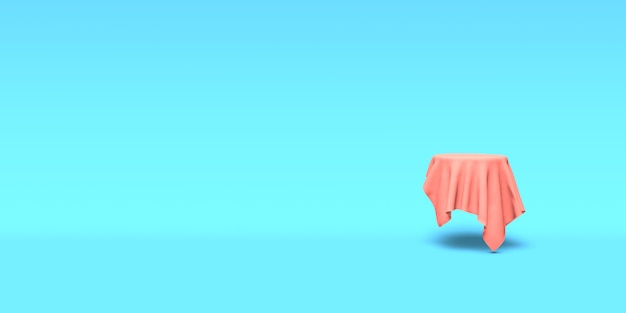 Podium pedestal or platform covered with pink cloth on blue background 3D rendering