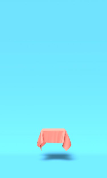 Podium, pedestal or platform covered with pink cloth on blue background. Abstract illustration of simple geometric shapes. 3D rendering.