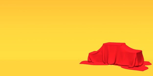 Podium, pedestal or platform covered with red cloth on yellow background. Abstract illustration of simple geometric shapes. 3D rendering.