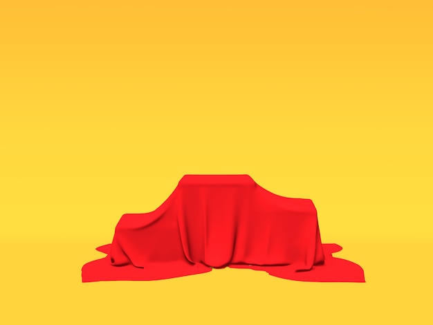 Podium, pedestal or platform covered with red cloth on yellow background
