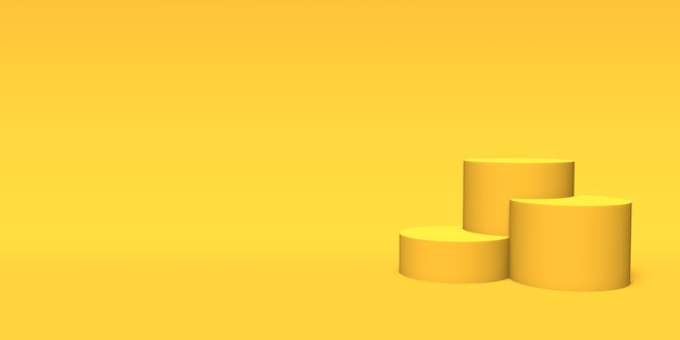 Podium, pedestal or platform gold color on yellow background. Abstract illustration of simple geometric shapes. 3D rendering.