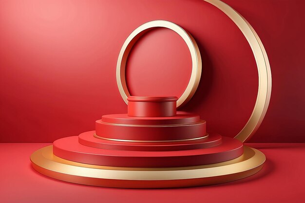 Podium pedestal or platform red background for the presentation of cosmetic products place for ads 3d rendering stage geometry with gold product presentation blank podium