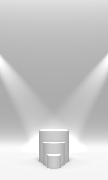 Photo podium, pedestal or platform white color illuminated by spotlights on white background. abstract illustration of simple geometric shapes. 3d rendering.