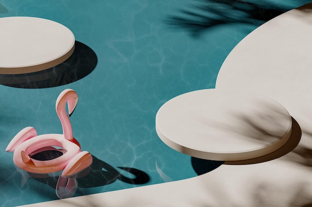 Podium pedestal with inflatable flamingo and caustic water leaf shadow background 3d render