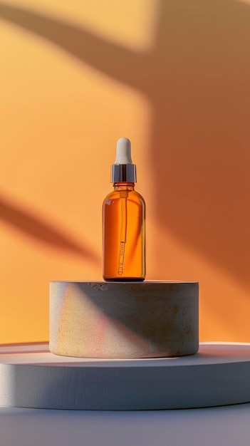 Совершенство подиума Близкий взгляд на бутылку для ухода за кожей, представленную на минималистском подиуме
