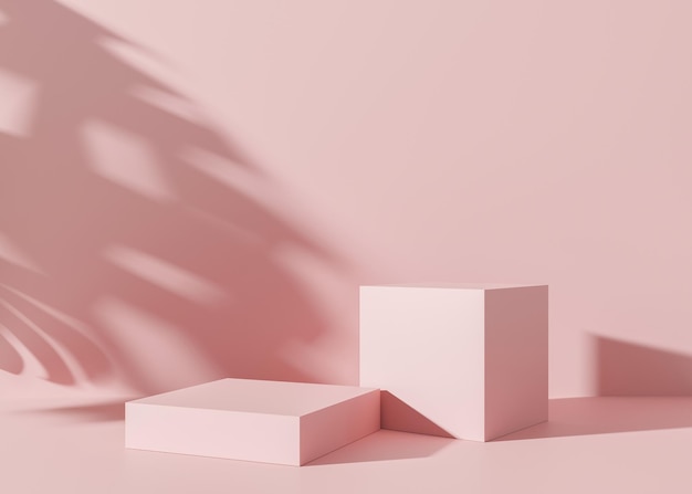 Podium on pink background with tropical leaves shadows Podium for product cosmetic presentation Mock up Pedestal or platform for beauty products Empty scene 3D rendering