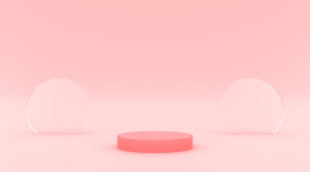 분홍색 배경 및 유리 효과 3d 그림이 포함된 연단 분홍색은 제품 디자인을 위해 렌더링됩니다.