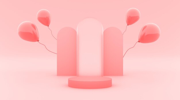 Podium pink with pink balloon. pink background with pink\
balloon and glass effect 3d illustration