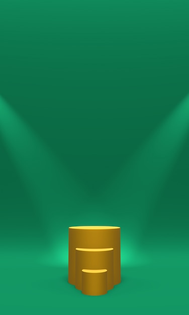 Podium or platform gold color illuminated by spotlights on green, 3D rendering